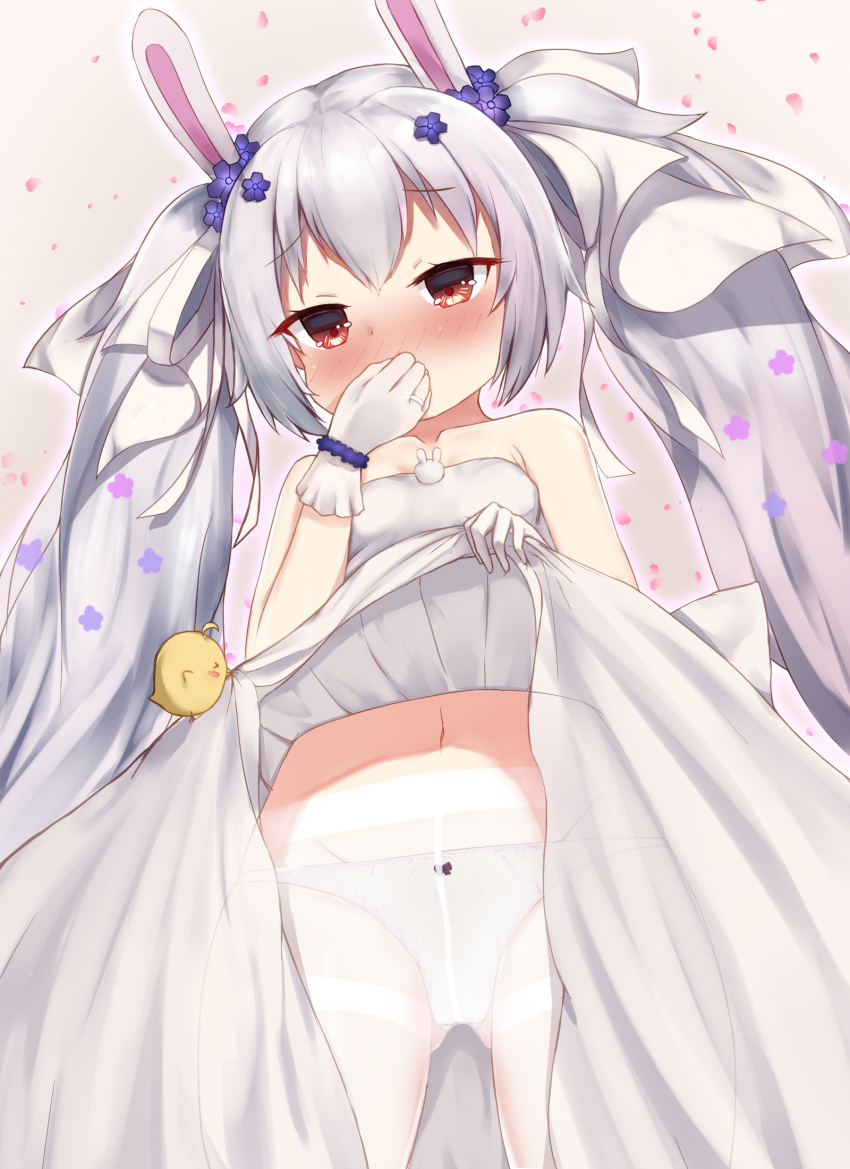 1girl, animal, animal_ears, ass_visible_through_thighs, azur_lane, bangs, bare_shoulders, bird, blush, bow, bow_panties, breasts, chick, collarbone, commentary_request, covering_mouth, dress, dress_lift, eyebrows_visible_through_hair, flower, gloves, hair_between_eyes, hair_flower, hair_ornament, hair_ribbon, highres, irokari, jewelry, laffey_(azur_lane), laffey_(white_rabbit's_oath)_(azur_lane), lifted_by_self, long_hair, manjuu_(azur_lane), navel, nose_blush, panties, panties_under_pantyhose, pantyhose, petals, purple_flower, rabbit_ears, red_eyes, revision, ribbon, ring, silver_hair, small_breasts, solo, thighband_pantyhose, twintails, underwear, very_long_hair, wedding_band, white_dress, white_gloves, white_legwear, white_panties, white_ribbon