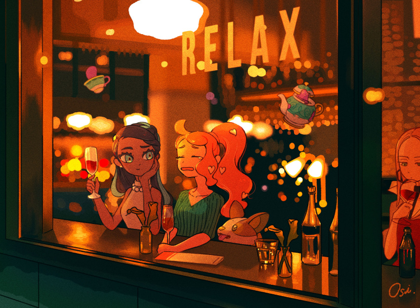 3girls, ahoge, bar, bead_necklace, beads, closed_eyes, counter, cup