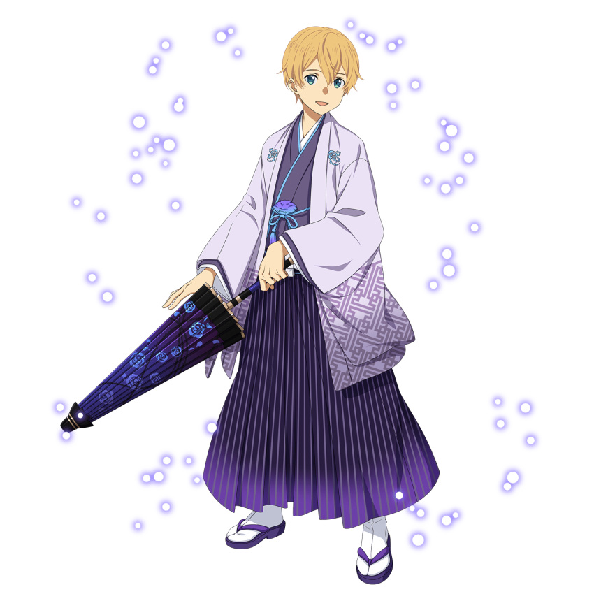 1boy, :d, black_hakama, blonde_hair, blue_eyes, blue_kimono, closed_umbrella, eugeo, floral_print, gradient_umbrella, hair_between_eyes, hakama, haori, highres, holding, holding_umbrella, japanese_clothes, kimono, looking_at_viewer, male_focus, official_art, open_mouth, oriental_umbrella, print_umbrella, smile, socks, solo, striped, sword_art_online, transparent_background, umbrella, vertical_stripes, white_legwear