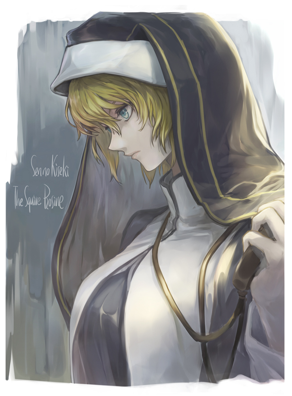 1girl, blonde_hair, blue_eyes, breasts, character_name, copyright_name, eiyuu_densetsu, grey_background