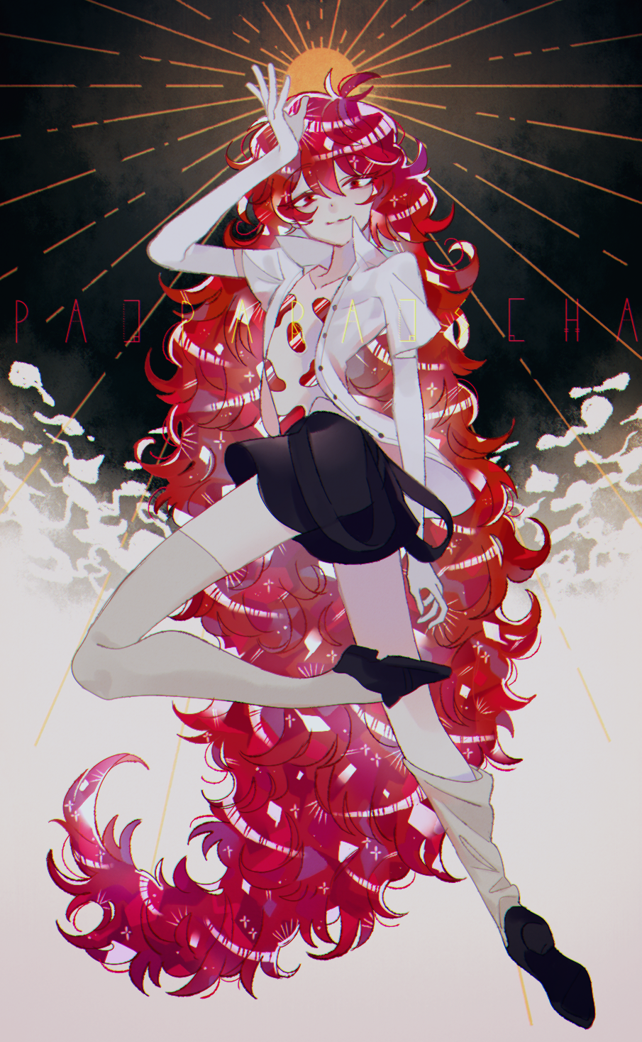 1other, androgynous, arm_up, asymmetrical_legwear, bangs, black_footwear, black_skirt, character_name