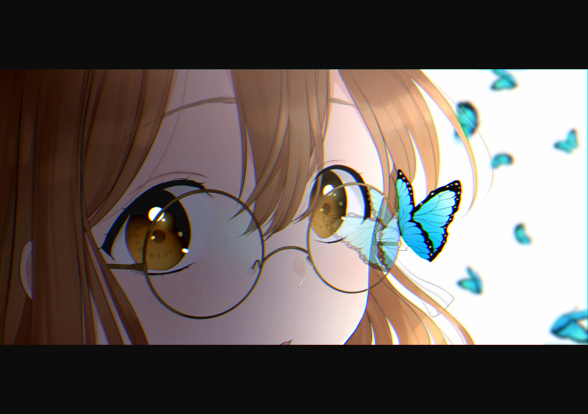 1girl, :o, =o, bangs, brown_hair, bug, butterfly, butterfly_wings, close-up, glasses, hair_between_eyes, highres, insect, insect_wings, kazehana_(spica), kunikida_hanamaru, looking_at_viewer, love_live!, love_live!_sunshine!!, mitaiken_horizon, open_mouth, reflection, simple_background, solo, white_background, wings, yellow_eyes
