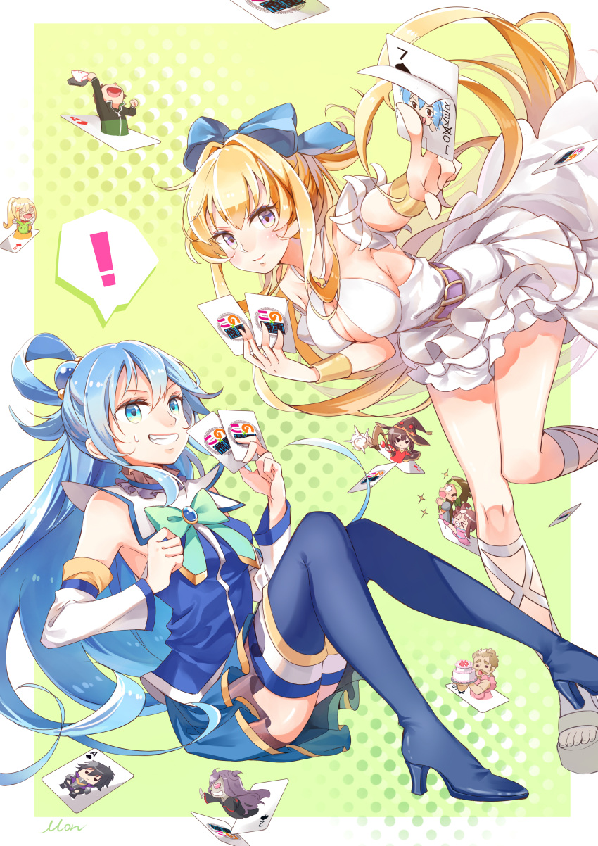 !, >:), 2girls, absurdres, adenela_(kono_yuusha_ga_ore_tueee_kuse_ni_shinchou_sugiru), ankle_lace-up, aqua_(konosuba), aqua_bow