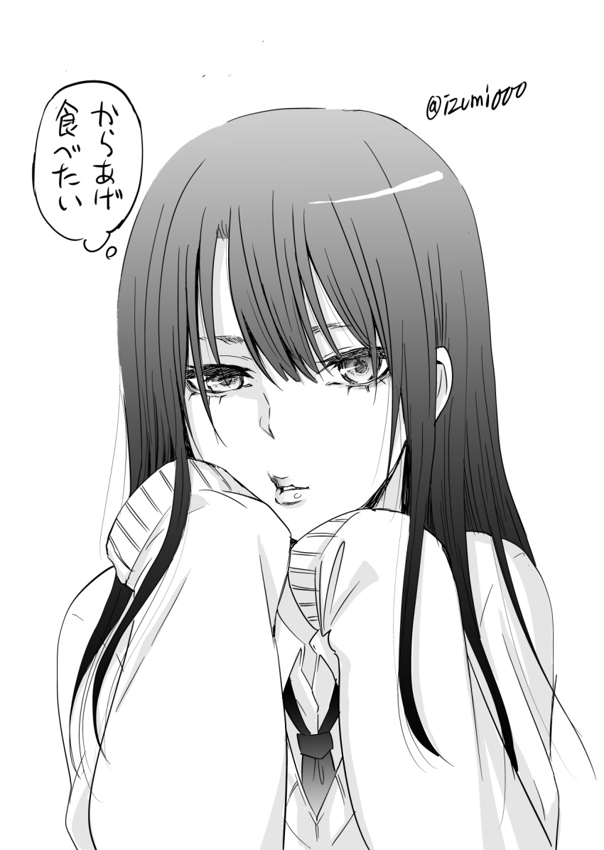 1girl, greyscale, highres, izumi_(toubun_kata), lips, long_hair, looking_at_viewer, mieruko-chan