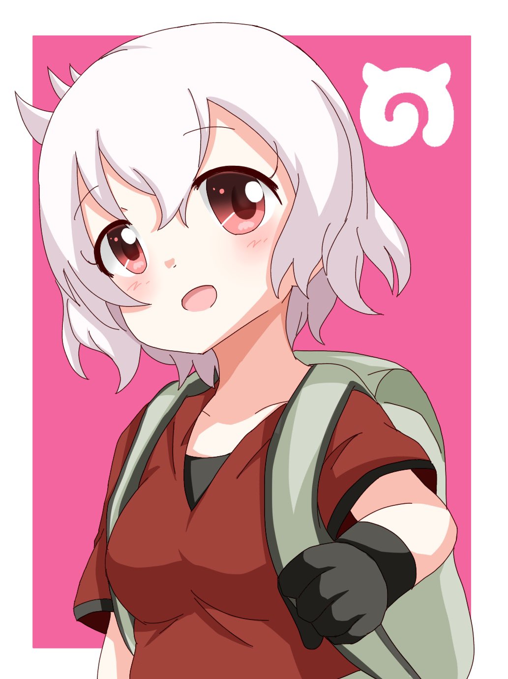 1girl, albino, backpack, bag, black_gloves, blush, gloves, hair_between_eyes