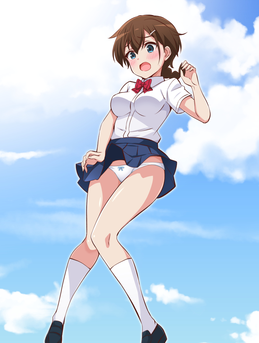 1girl, blue_eyes, blue_footwear, blue_skirt, bow, bow_panties, bowtie, breasts