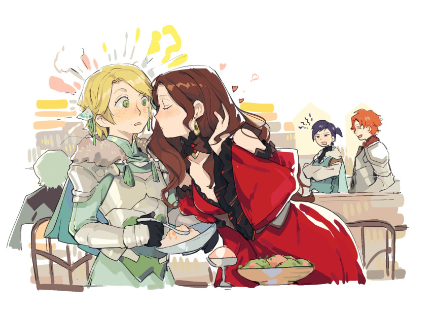 2girls, 3boys, armor, black_gloves, black_hair, blonde_hair, bowl, brown_hair