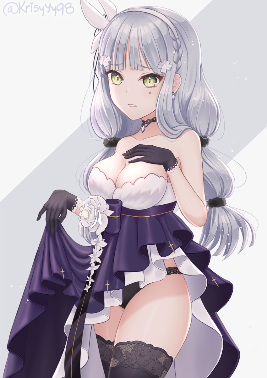 1girl, assault_rifle, bangs, black_gloves, black_legwear, black_panties, blue_dress, blunt_bangs