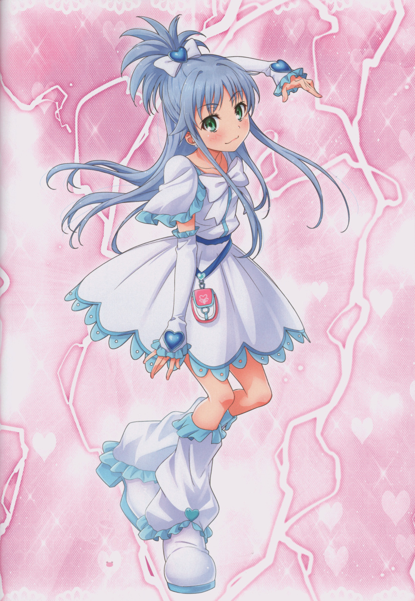 1girl, absurdres, blue_hair, blush, boots, bow, cosplay, cure_white