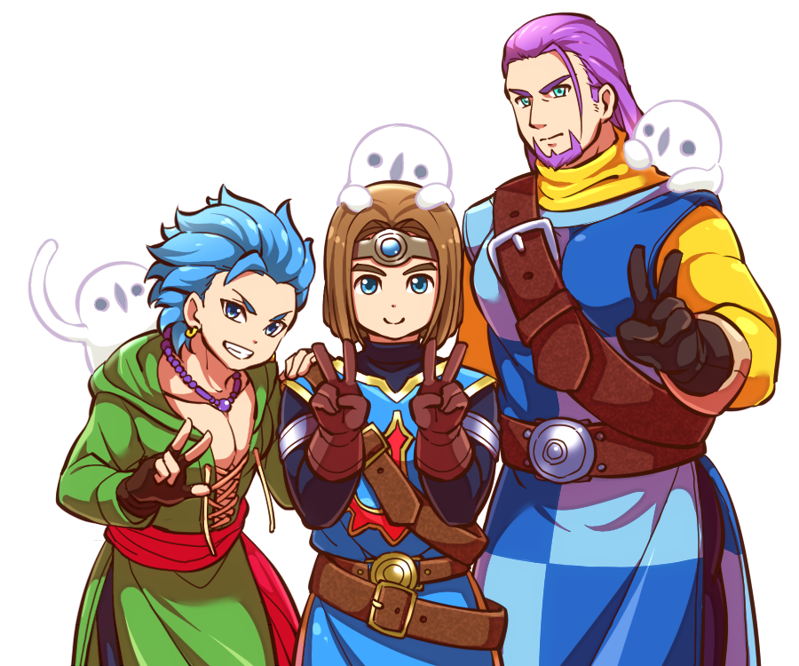 3boys, aopanda, beard, blue_eyes, blue_hair, bob_cut, brown_hair, camus_(dq11)