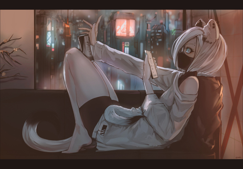 1girl, animal_ears, arknights, balaclava, bangs, barefoot, black_bodysuit, blue_eyes