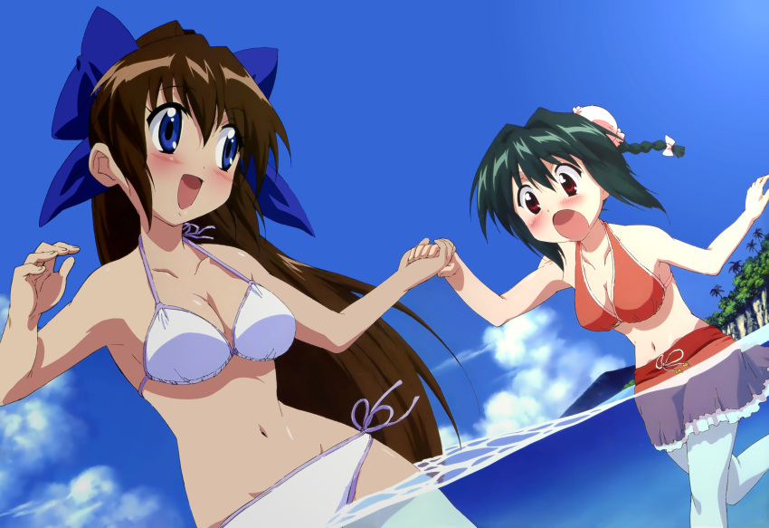 2girls, absurdres, armpits, bikini, blue_eyes, blush, braid, breasts