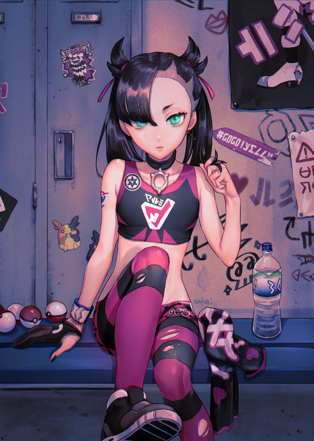 1girl, aqua_eyes, asymmetrical_bangs, asymmetrical_hair, bangs, bare_shoulders, black_hair, black_legwear, black_nails, blush, bottle, breasts, choker, collarbone, commentary_request, earrings, hair_over_one_eye, hair_ribbon, highres, indoors, jewelry, long_hair, long_sleeves, looking_at_viewer, mary_(pokemon), medium_breasts, morpeko, pink_legwear, poke_ball, pokemon, pokemon_(game), pokemon_swsh, red_ribbon, ribbon, sakai_(motomei), sitting, solo, twintails, water_bottle