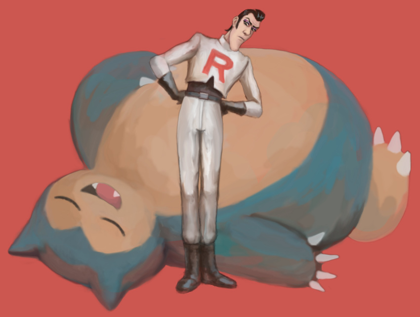 1boy, black_eyes, black_footwear, black_gloves, black_hair, boots, claws, closed_eyes, commentary, cortoony, creature, english_commentary, fangs, full_body, furrowed_eyebrows, gen_1_pokemon, gloves, hands_on_hips, lazytown, leaning_to_the_side, long_sleeves, male_focus, pants, pokemon, pokemon_(anime), pokemon_(creature), red_background, robbie_rotten, simple_background, sleeping, snorlax, standing, team_rocket, team_rocket_uniform, white_pants