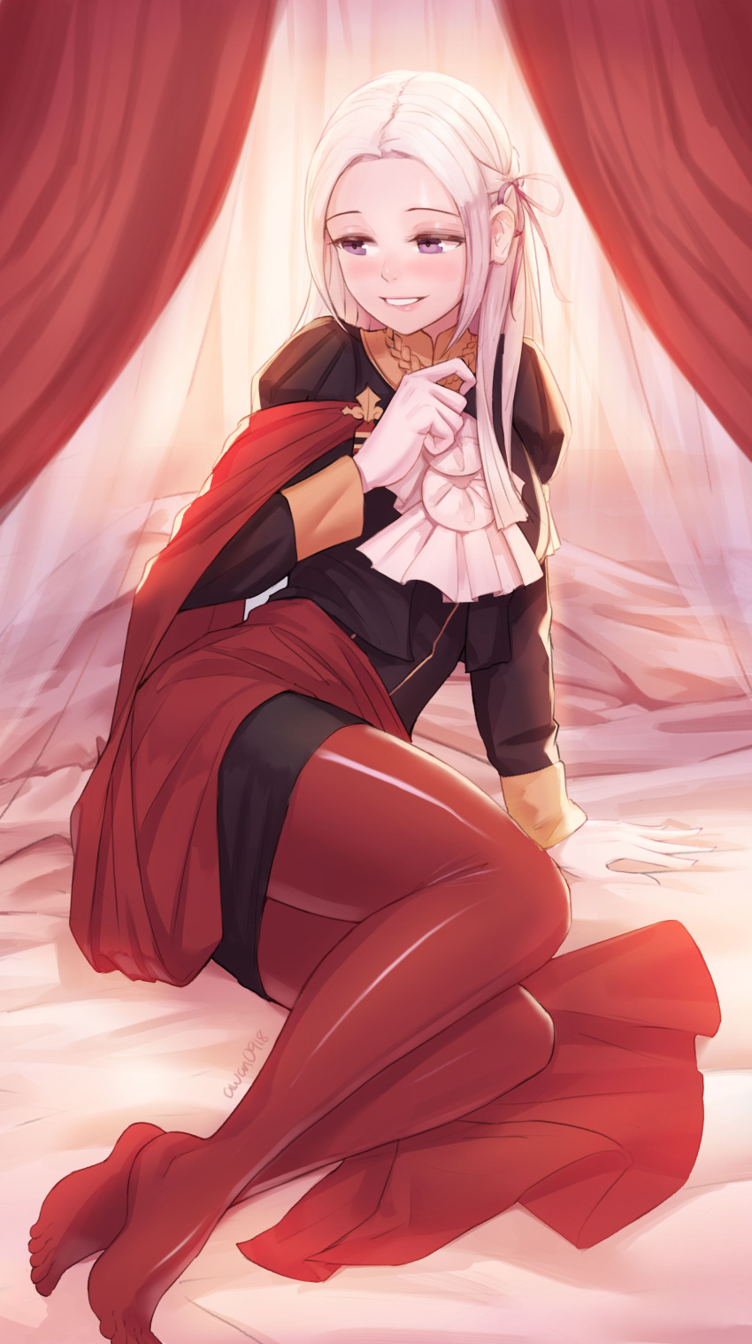 1girl, absurdres, arm_support, awan0918, bed, blanket, blush, cravat