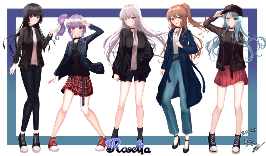 5girls, :o, absurdres, adjusting_clothes, adjusting_hat, alternate_hairstyle, aqua_hair, arm_behind_back