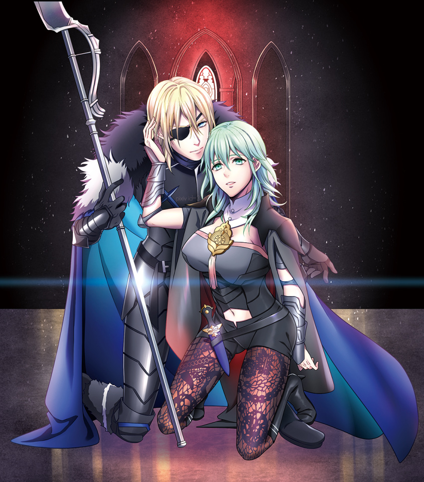 1boy, 1girl, areadbhar_(fire_emblem), armor, bangs, belt, black_armor, black_cape, black_footwear, black_gloves, black_legwear, black_shorts, blonde_hair, blue_cape, blue_eyes, boots, breasts, byleth_(fire_emblem), byleth_eisner_(female), cape, commentary_request, dagger, detached_collar, dimitri_alexandre_blaiddyd, emblem, eyebrows_behind_hair, eyepatch, fire_emblem, fire_emblem:_three_houses, full_body, fur-trimmed_cape, fur-trimmed_legwear, fur_trim, gauntlets, glint, gloves, green_eyes, green_hair, hair_between_eyes, hand_on_another's_ear, high_heel_boots, high_heels, highres, holding_polearm, indoors, kneeling, large_breasts, long_hair, looking_at_viewer, navel, navel_cutout, pantyhose, parted_lips, patterned_clothing, pixiv_id, sheath, sheathed, short_shorts, shorts, sidelocks, smile, stained_glass, unizo, weapon, wrist_guards