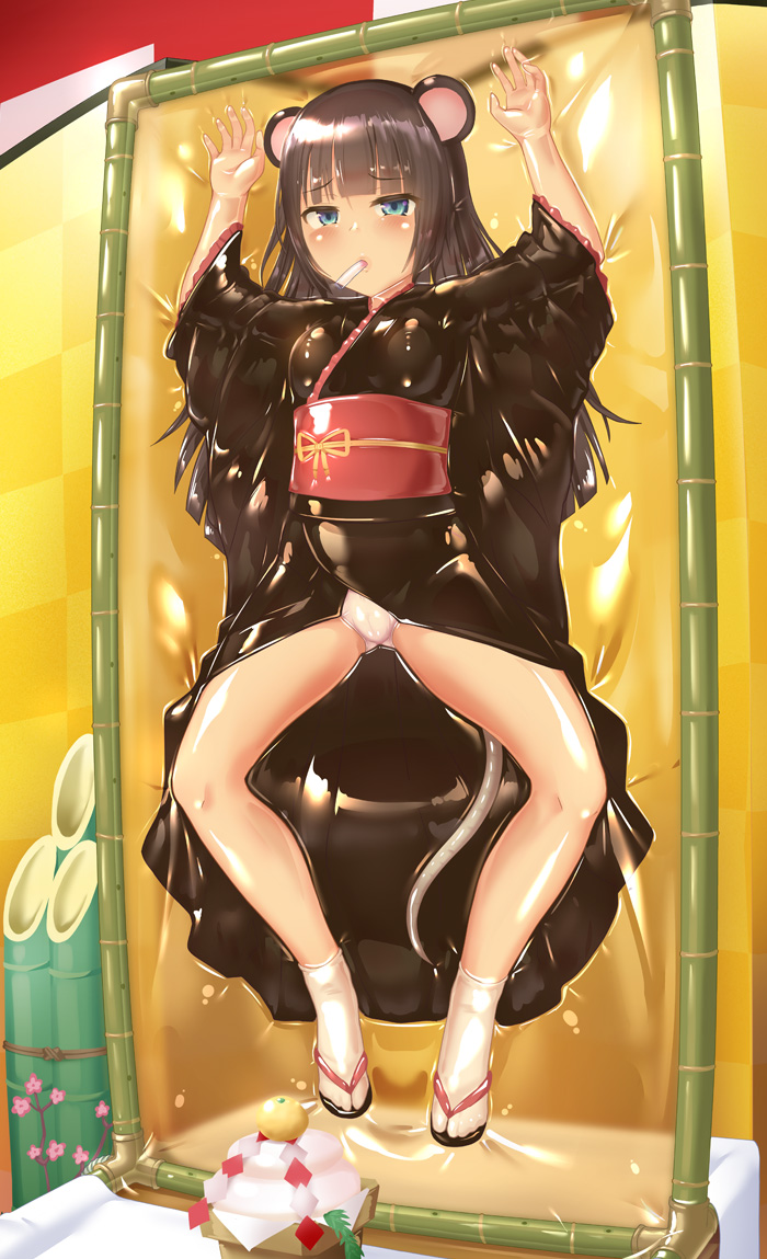 1girl, animal_ears, black_kimono, blue_eyes, breathing_tube, brown_hair, chinese_zodiac, commentary_request