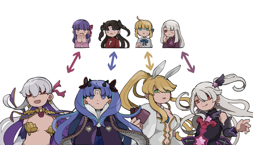 6+girls, :q, artoria_pendragon_(all), artoria_pendragon_(swimsuit_ruler)_(fate), black_hair, blush, fate/grand_order, fate/stay_night