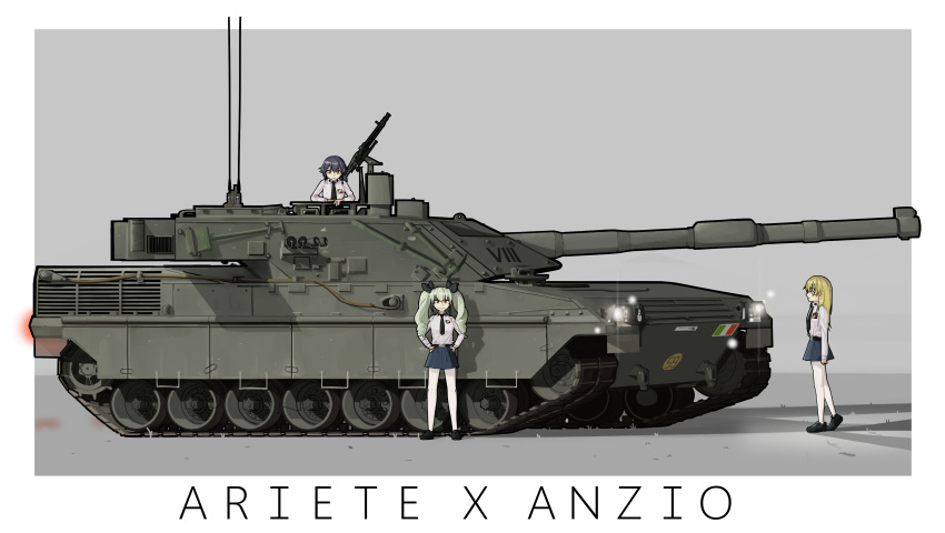 0206qwerty, 3girls, absurdres, anchovy_(girls_und_panzer), bangs, black_ribbon, black_skirt, brown_eyes