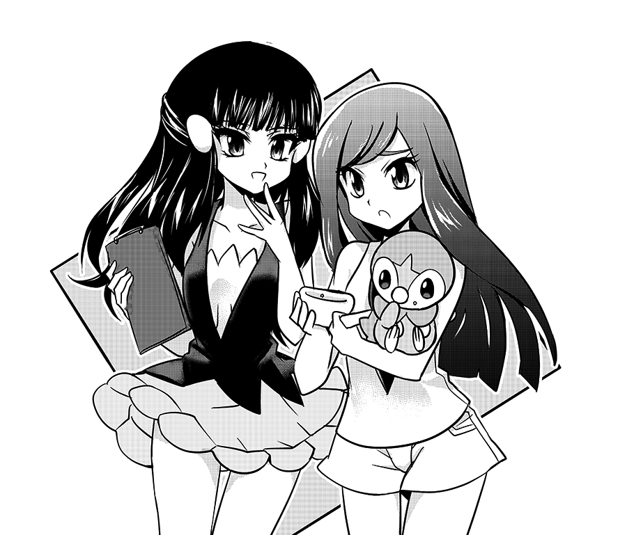 2girls, ayateaori, bangs, commentary, creature, dress, eyelashes, flat_chest