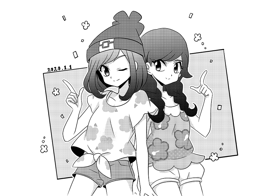 2girls, ayateaori, beanie, collarbone, dated, dual_persona, flat_chest, greyscale