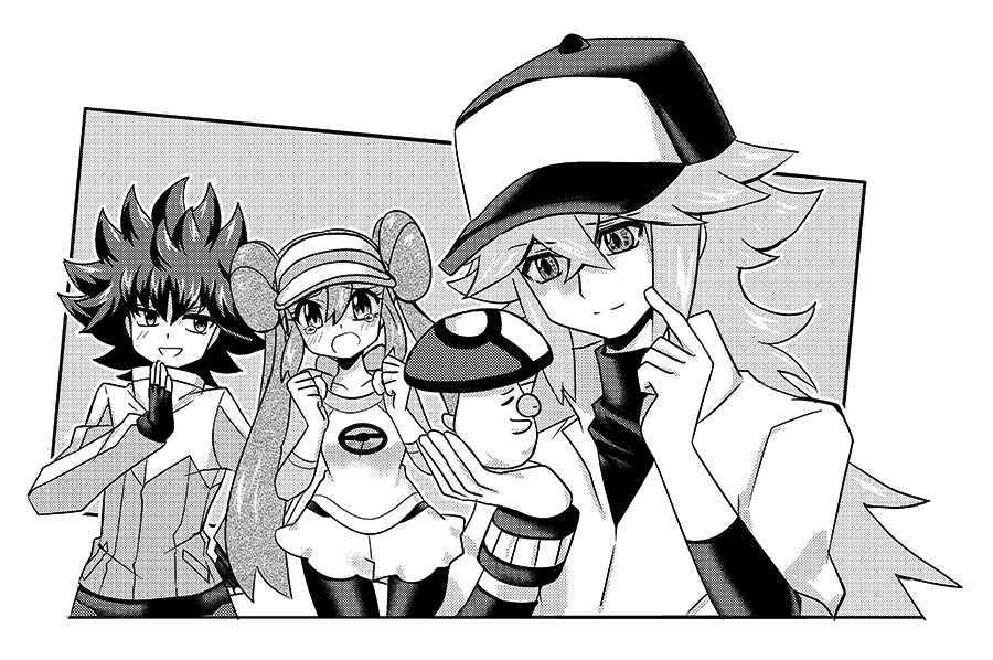 1girl, 2boys, ayateaori, baseball_cap, blush, creature, double_bun, foongus