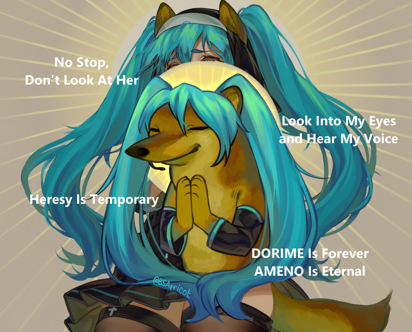 1girl, animal_ears, bangs, black_dress, black_sleeves, blue_hair, brown_legwear, cheemsburger_(doge)