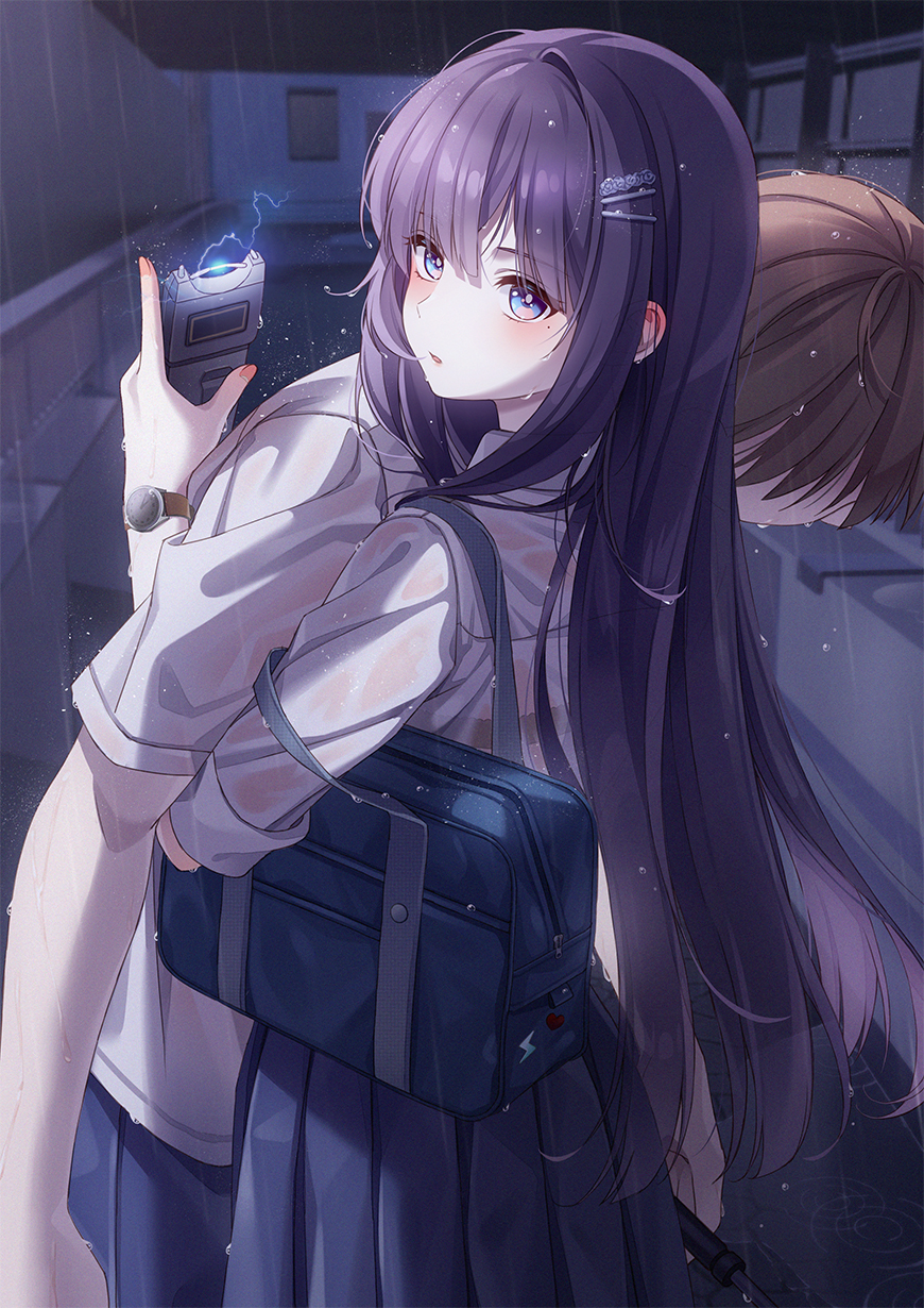 1boy, 1girl, bag, bangs, black_bra, blue_eyes, blush, borrowed_character