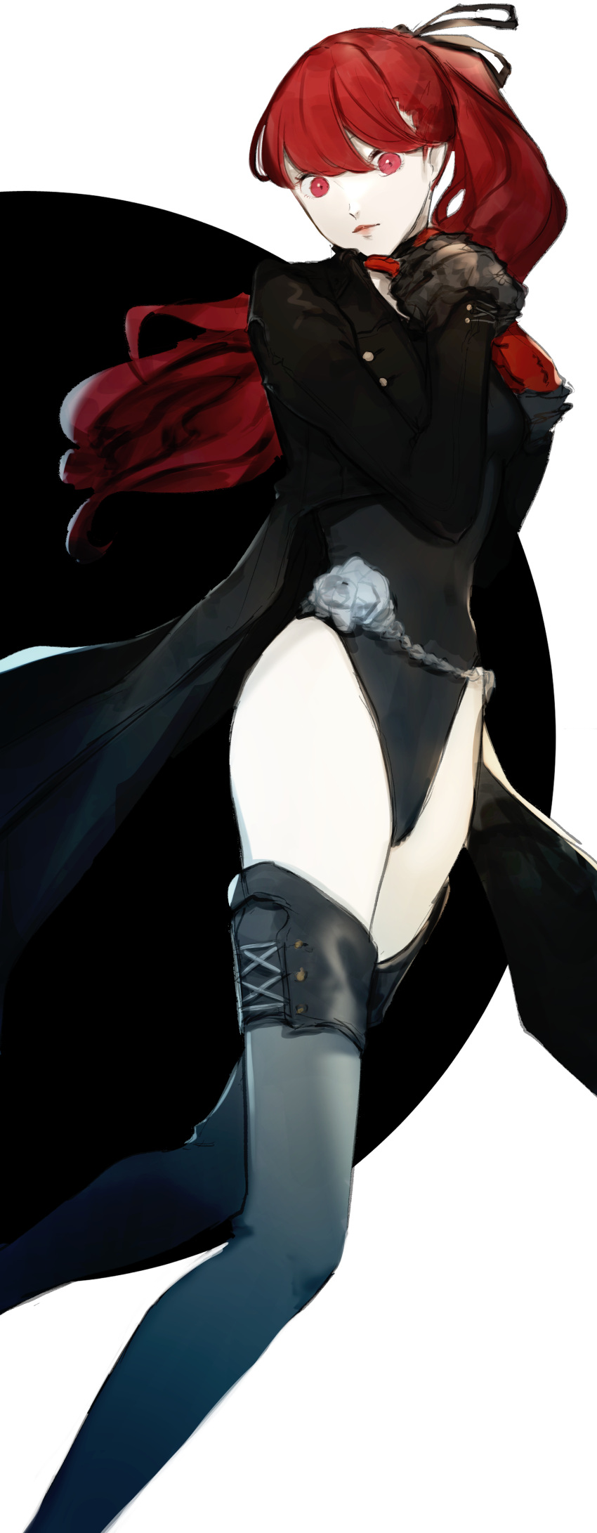 1girl, absurdres, bangs, black_jacket, black_leotard, black_ribbon, gloves, grey_legwear
