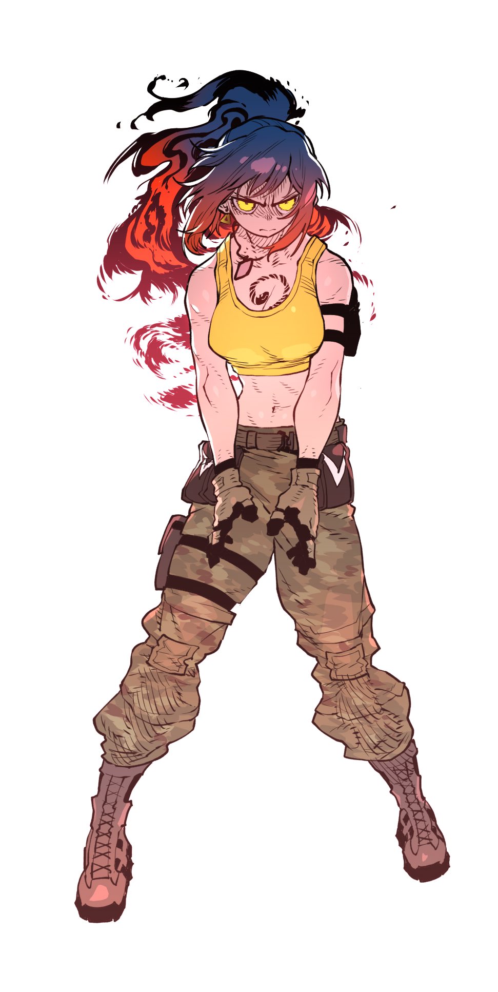 alternate_hair_color, arm_pouch, camouflage, camouflage_pants, dark_persona, gloves, highres, leona_heidern