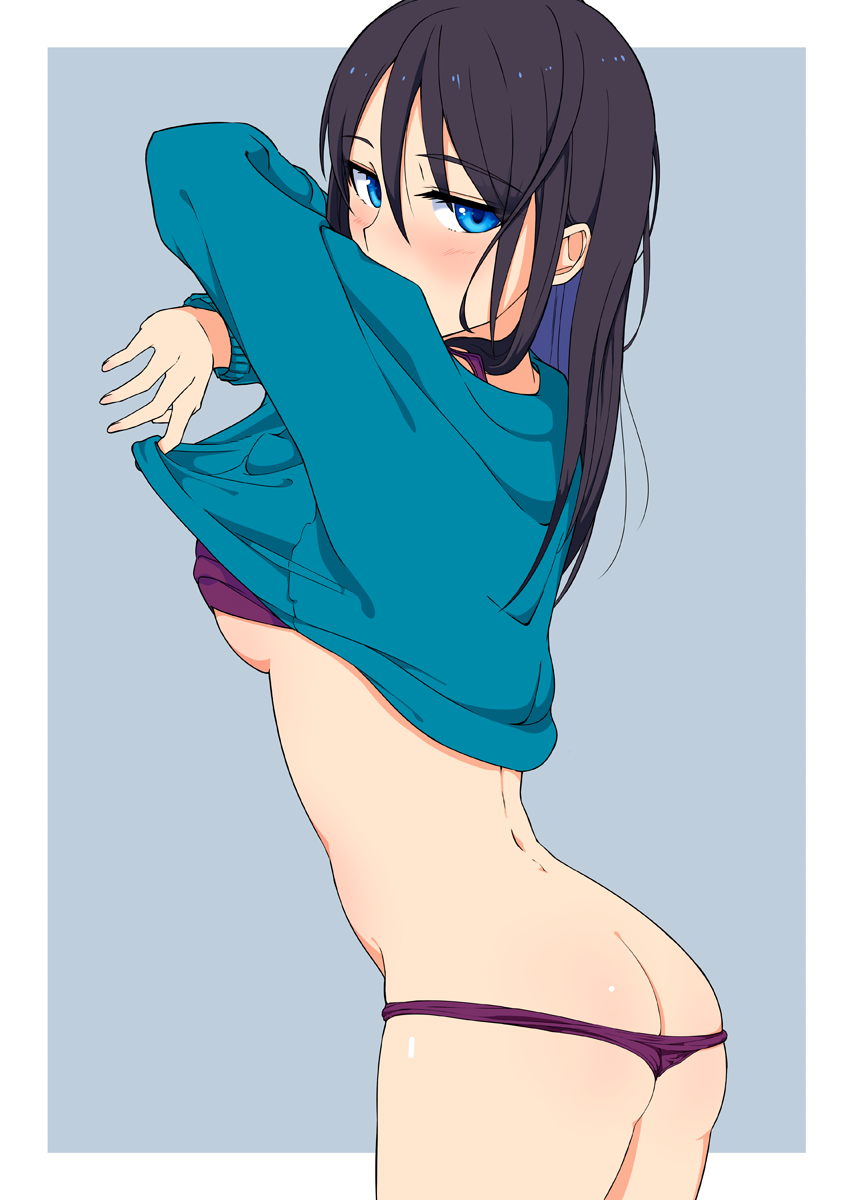 1girl, ass, black_hair, blue_eyes, blue_sweater, blush, bra, butt_crack