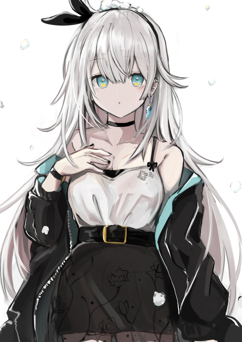 1girl, absurdres, bangs, belt, black_belt, black_choker, black_jacket, black_nails