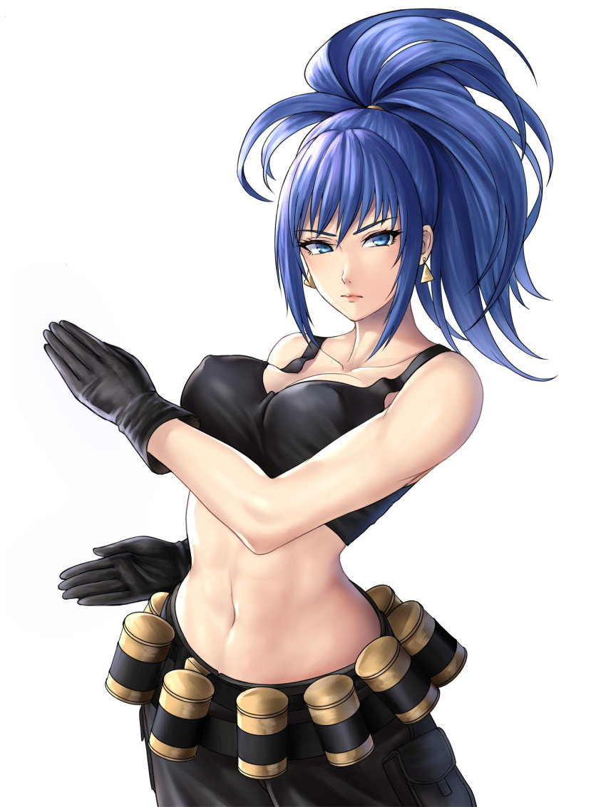 black_gloves, blue_eyes, blue_hair, breasts, cargo_pants, earrings, gas_can, gloves
