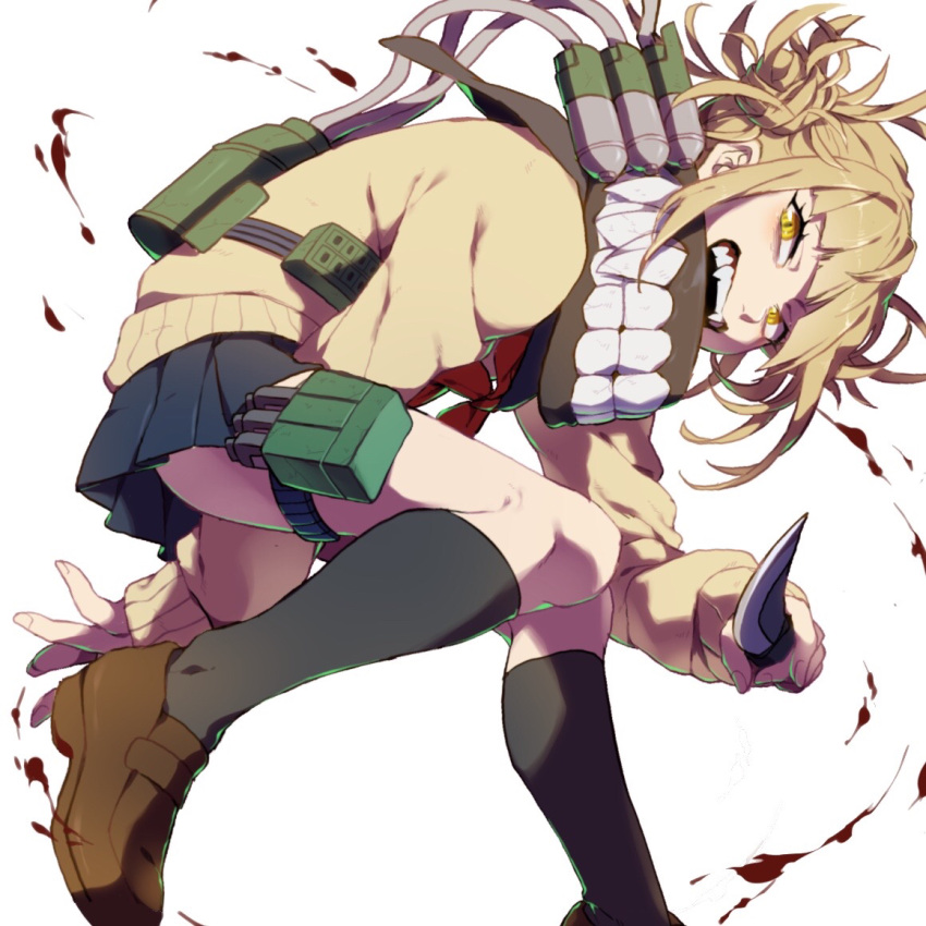 1girl, akeru, arm_between_legs, bags_under_eyes, bangs, bent_over, black_legwear, blonde_hair