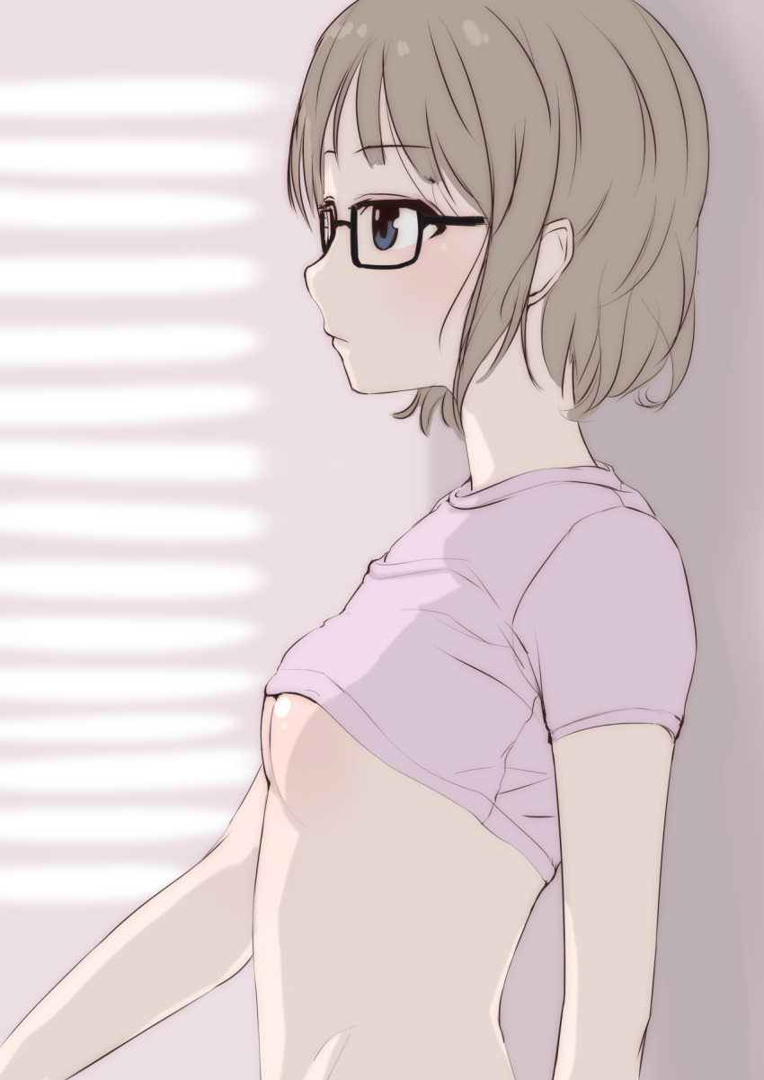 1girl, black-framed_eyewear, blinds, blue_eyes, blush, breasts, brown_hair, closed_mouth