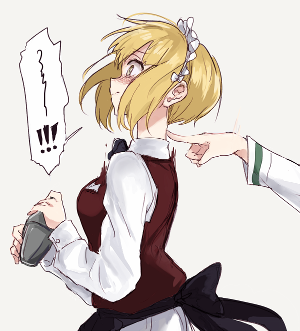 !, 1girl, bangs, bartender, blonde_hair, blush, bow, bowtie