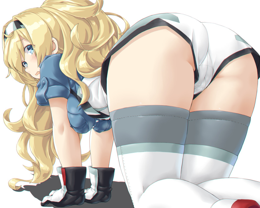 1girl, all_fours, ass, bangs, black_gloves, blonde_hair, blue_eyes, blue_shirt