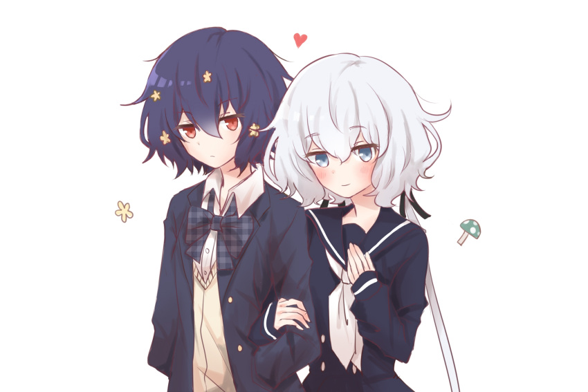 2girls, beige_vest, black_ribbon, blazer, blue_dress, blue_eyes, blue_hair, blue_jacket