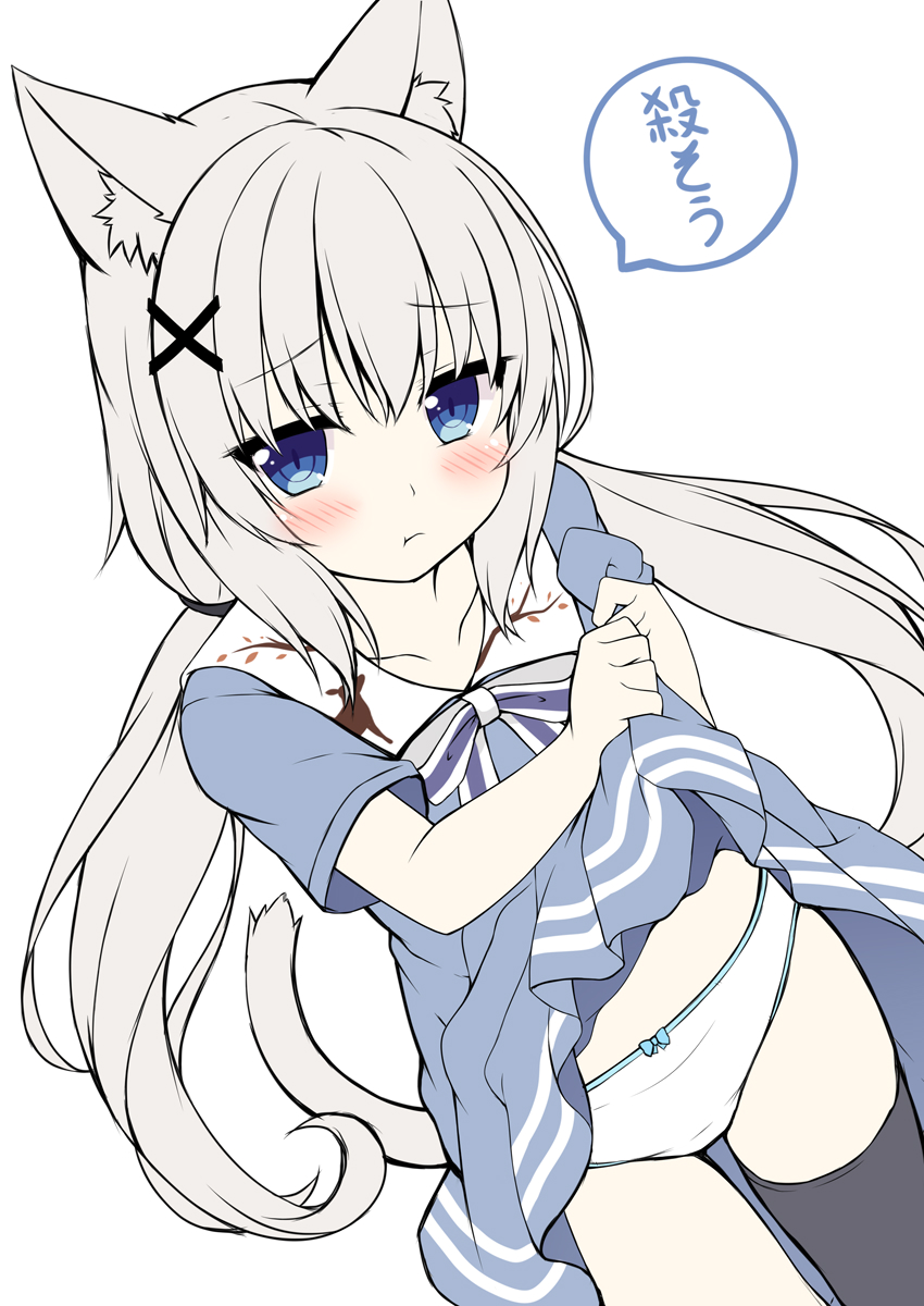 1girl, :t, animal_ear_fluff, animal_ears, bangs, black_legwear, blue_bow, blue_dress