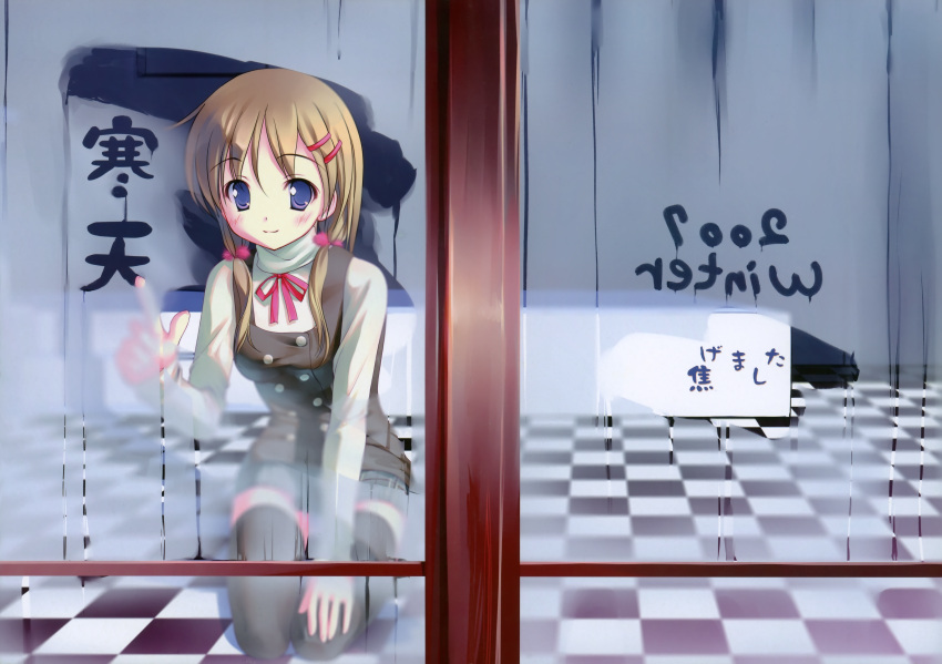 1girl, blue_eyes, blush, brown_hair, moe, original, scan, solo