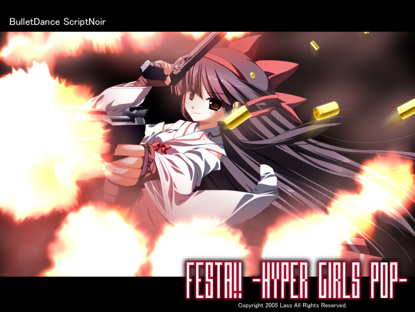 black_background, bow, bowtie, brown_eyes, bullet, english, english_text, festa!!_-hyper_girls_pop-, firearm, gun, hagiwara_onsen, headband, japanese_clothes, kuonji_rin, long_hair, long_skirt, miko, purple_hair, red_bow, red_bowtie, red_headband, shooting, sleeveless_shirt, smile, very_long_hair, weapon, white_shirt