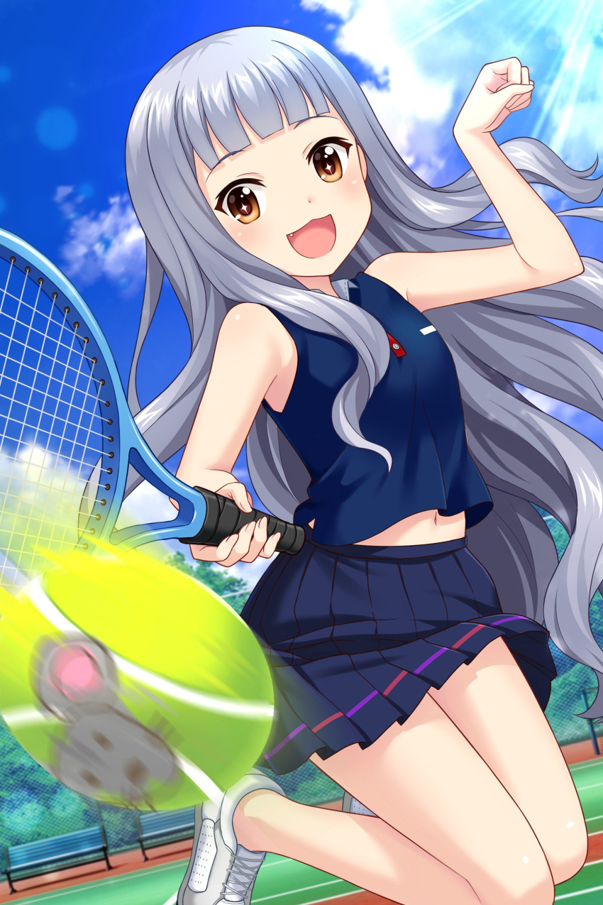1girl, absurdres, alternative_girls, ball, bare_shoulders, bench, blush, grey_hair