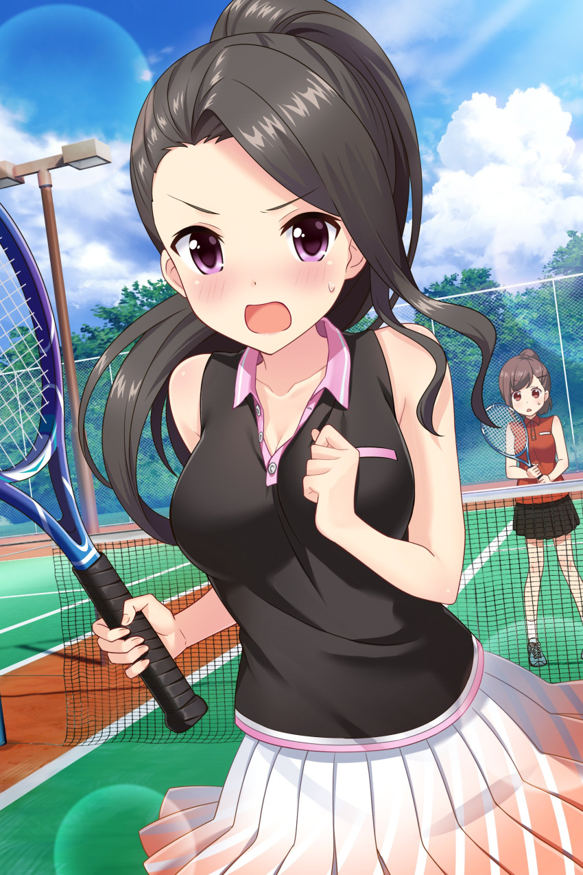 absurdres, alternative_girls, angry, black_hair, blush, highres, long_hair, official_art, open_mouth, ponytail, racket, saionji_rei, sleeveless, sportswear, tennis_net, tennis_racket, tennis_uniform, violet_eyes