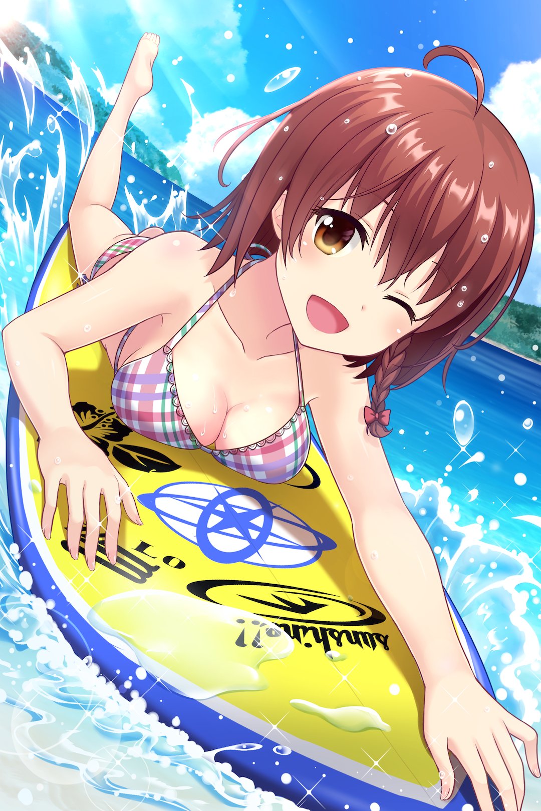 1girl, alternative_girls, bare_shoulders, barefoot, beach, bikini, breasts, brown_hair, highres, official_art, one_eye_closed, short_hair, smile, surfboard, swimsuit, water, yuuki_miyaka