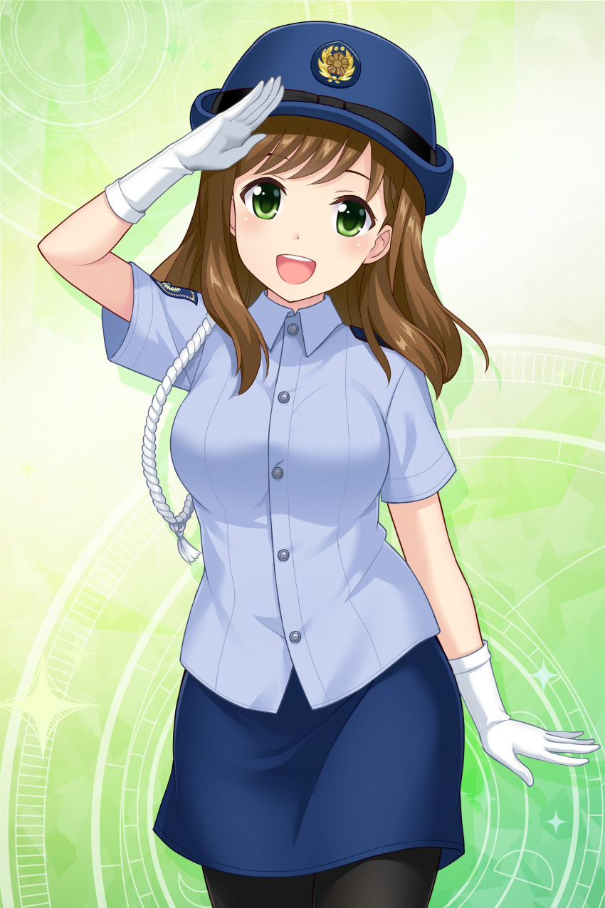 1girl, absurdres, alternative_girls, brown_hair, gloves, green_eyes, hat, highres