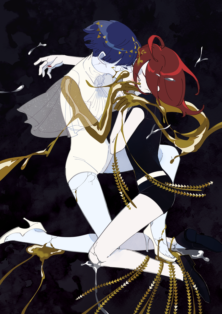 2others, bangs, belt, black_clothes, black_footwear, black_shorts, blue_hair, blunt_bangs