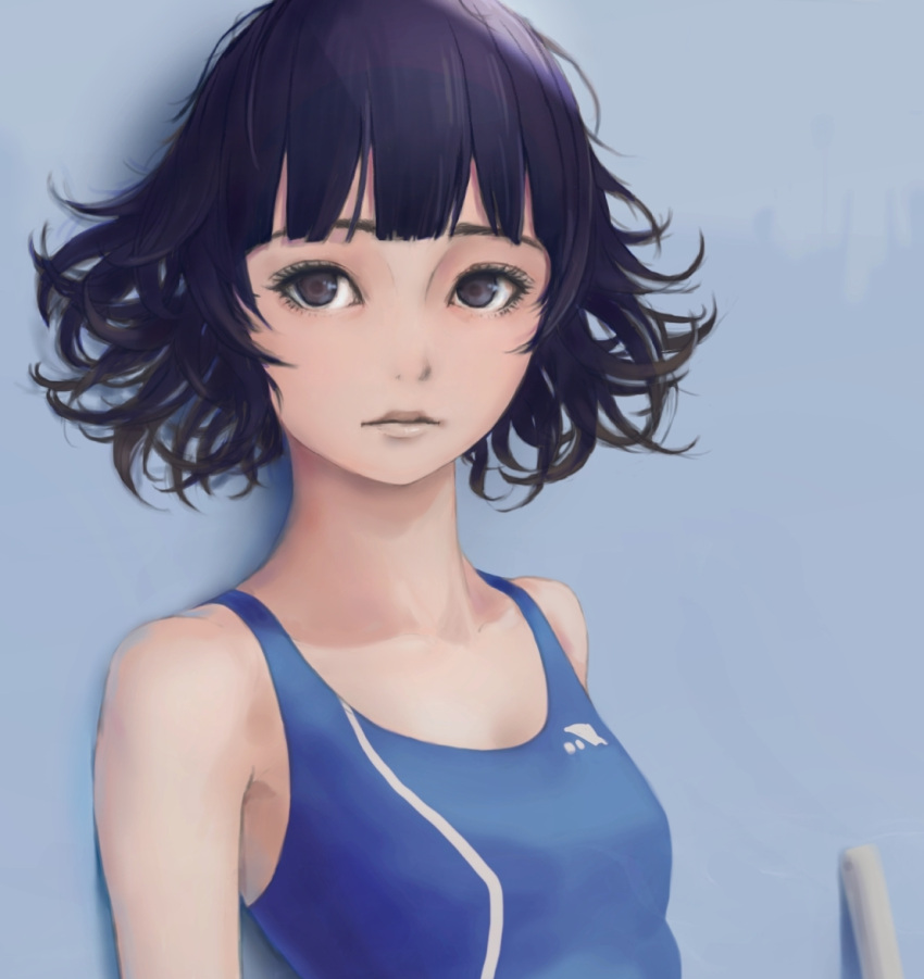 1girl, against_wall, bangs, black_hair, blue_swimsuit, blunt_bangs, breasts, collarbone, competition_swimsuit, expressionless, lips, looking_at_viewer, messy_hair, novgorod3000, one-piece_swimsuit, original, pool, shade, short_hair, small_breasts, solo, swimsuit, upper_body