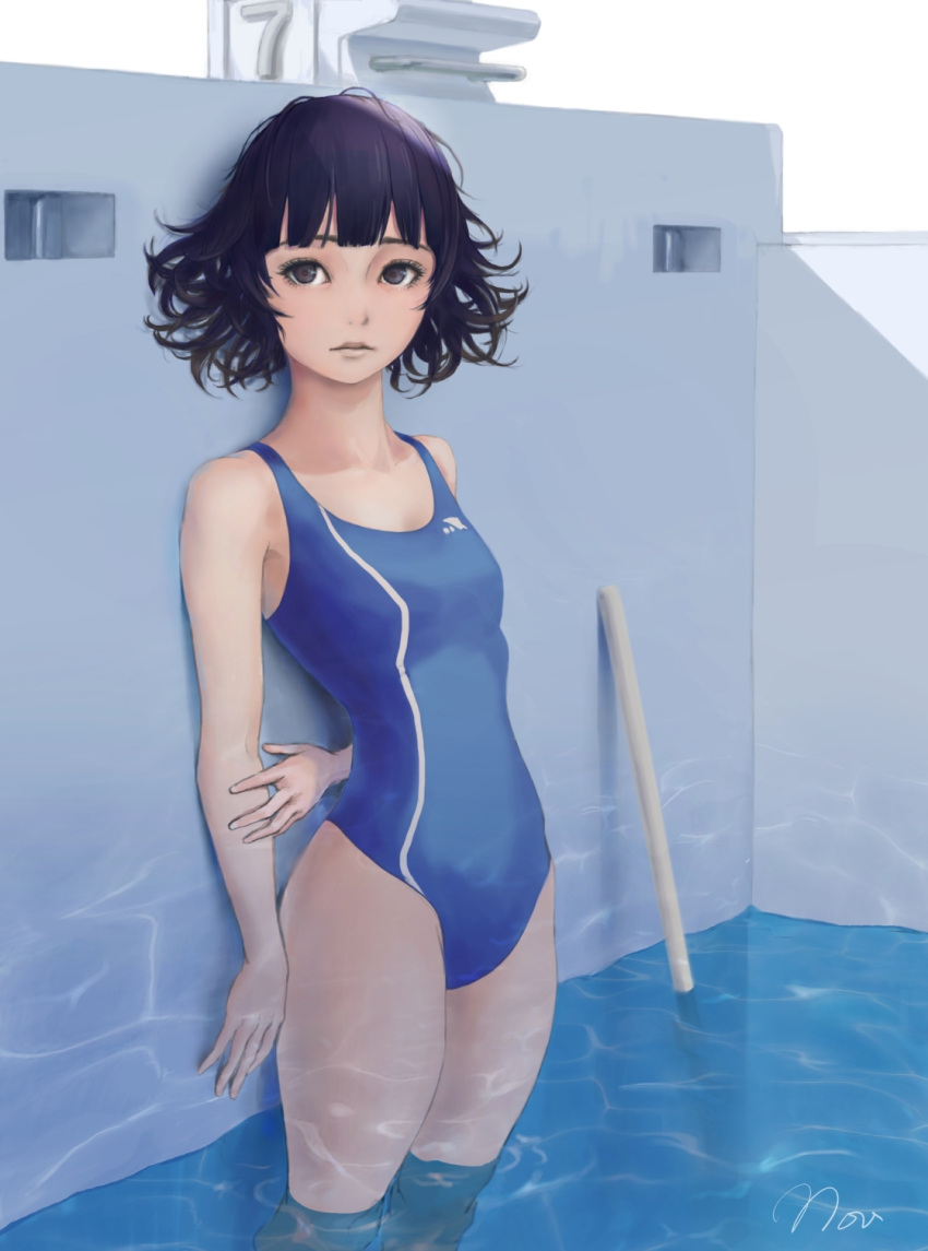 1girl, against_wall, arm_behind_back, artist_name, bangs, black_hair, blue_swimsuit, blunt_bangs, breasts, broom, caustics, collarbone, competition_swimsuit, day, expressionless, groin, highres, hip_bones, holding_arm, lips, looking_at_viewer, messy_hair, novgorod3000, one-piece_swimsuit, original, outdoors, pool, shade, short_hair, signature, small_breasts, solo, standing, starting_block, swimsuit, wading, water