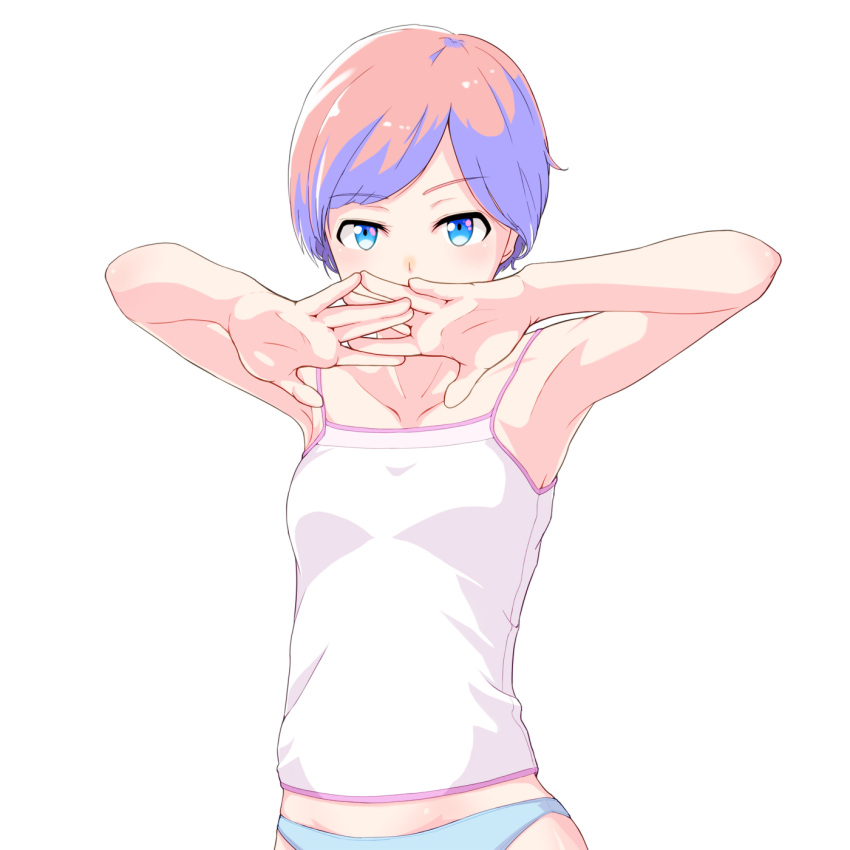 1girl, armpits, bare_arms, bare_shoulders, blue_eyes, blue_panties, breasts, brown_hair